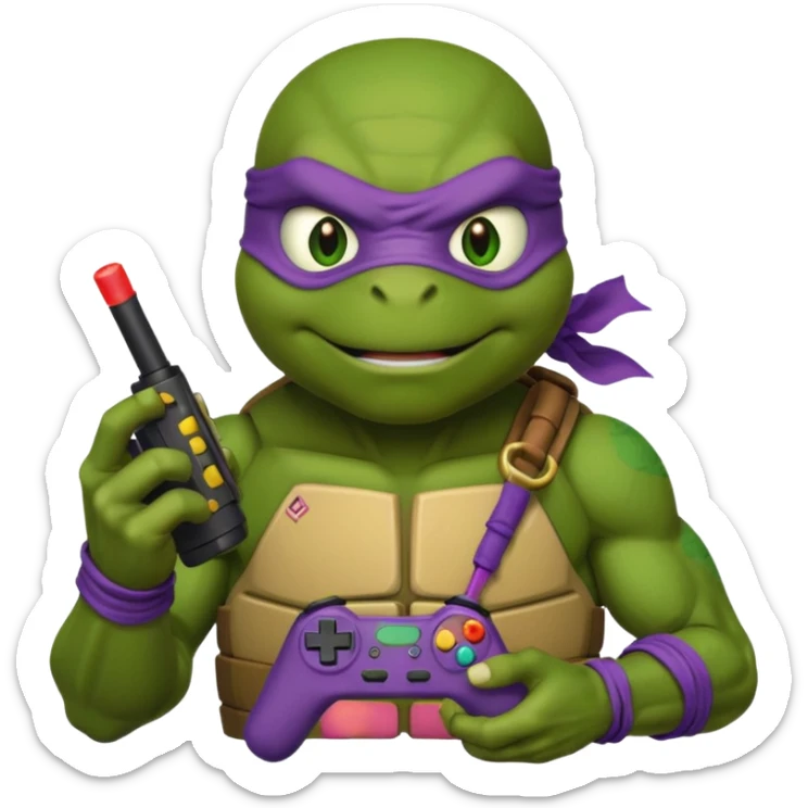 Donatello from Teenage Mutant Ninja Turtles, emoji style, with a joystick and a determined look sticker
