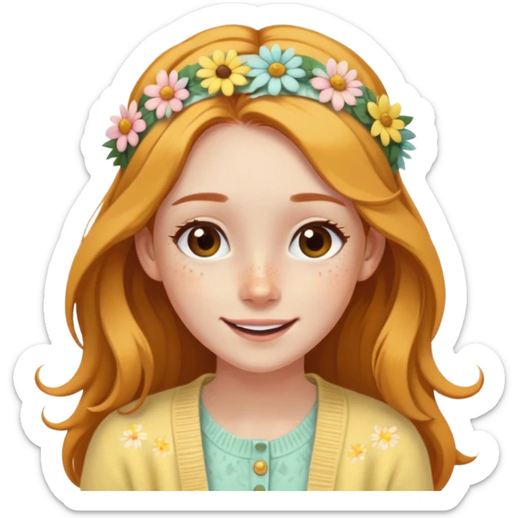  A freckled girl with long hair, a floral headband, and a pastel yellow cardigan, looking joyful. sticker