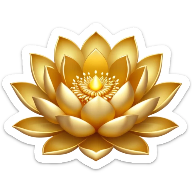 Emoji of a golden lotus flower with shimmering petals and a mystical glow. Tiny golden sparks float around it, symbolizing spiritual enlightenment. A pure white background. sticker