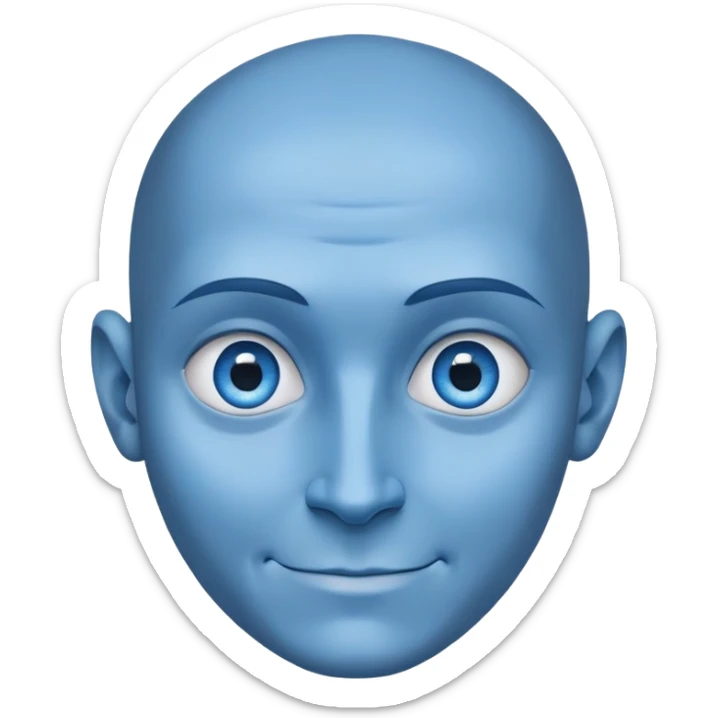 a character with blue skin and a huge forehead - twice the size of the face, the shape of the head is like a rounded inverted triangle. He has a smooth bald head. a sly, intelligent smile. Close-up. Blue eyes sticker