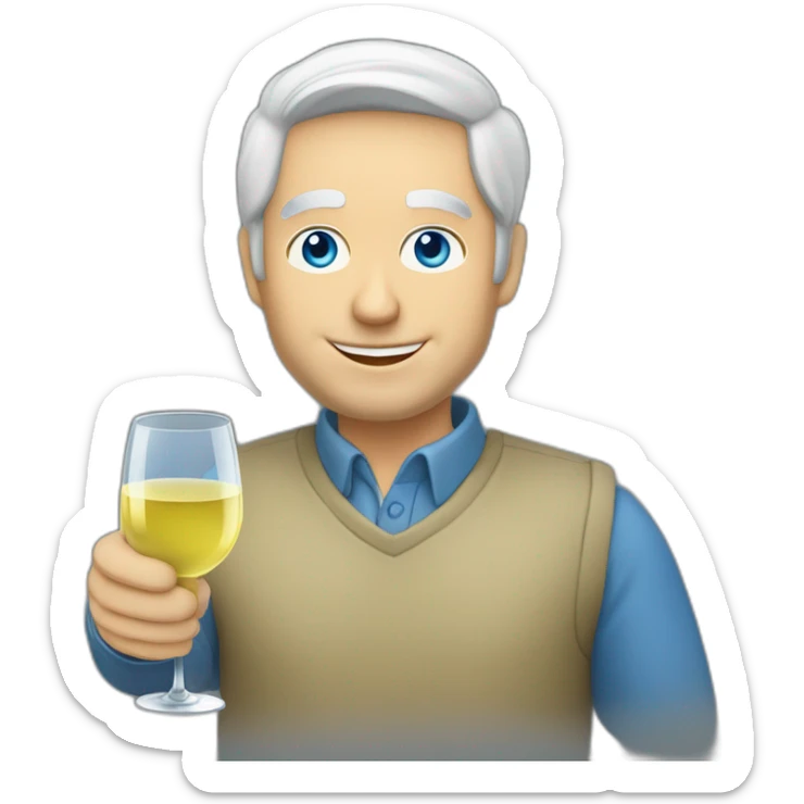 a caucasian man with blue eyes and grey hair, toasting with a glass of white wine sticker