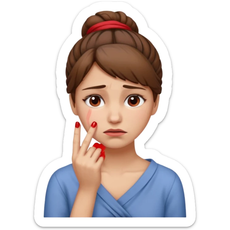 ["Sad woman with brown hair tied up, wiping away a tear."] sticker