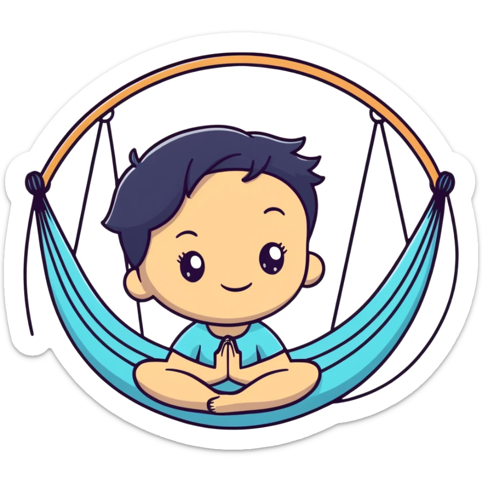 cartoon emoji of a quirky girl with short hair, strong outline, expressive face, vibrant accents, subtle Aquarius accent, silly expression, hint of yoga hammock, stars, playful and original sticker