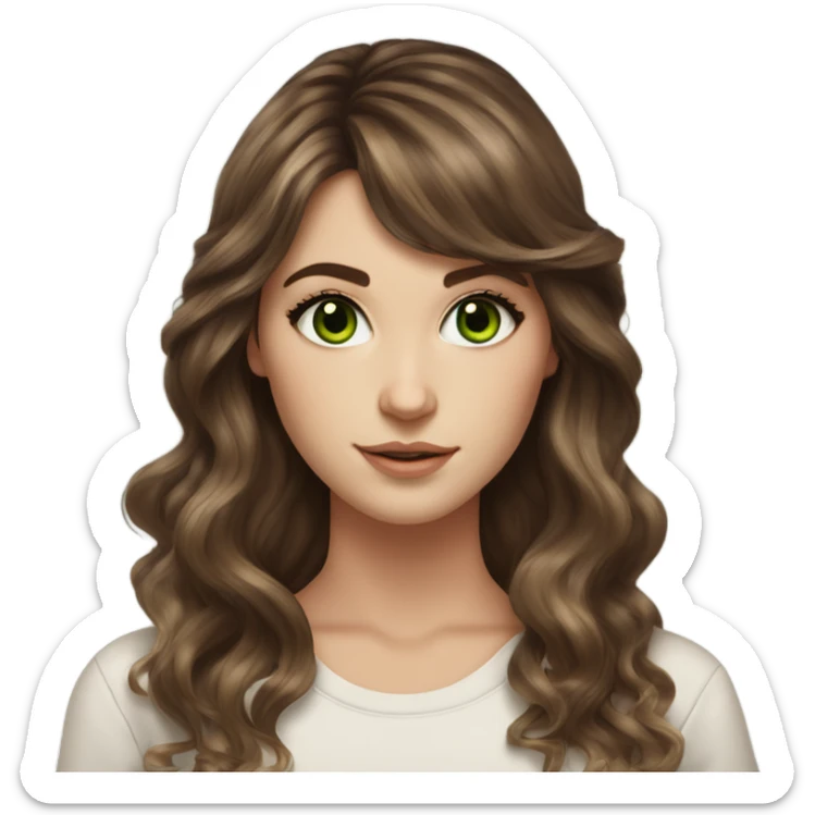 White girl green eyes with long voluminous brown hair with brown highlights balayage bangs sticker