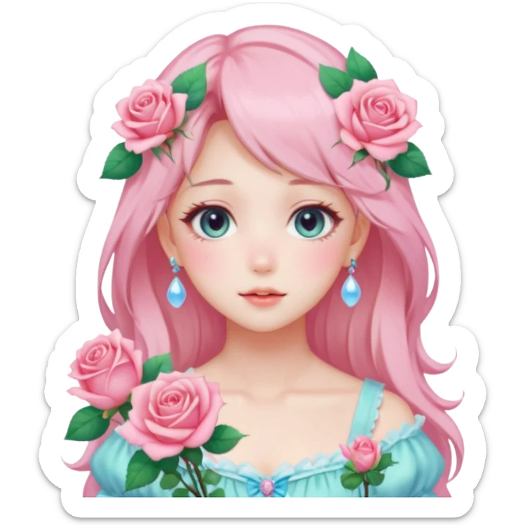 Gorgeous pastel anime style lady with blushing face and roses cottagecore fairycore pastelcore shiny colorful pearly aesthetic trending style sticker