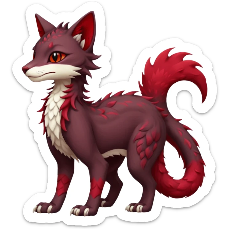 Kawaii dark-brown and crimson-red beautiful pretty elegant divine edgy fantasy feline-vernid-sergal-fursona animal creature with a tufted tail full body with intricate markings  sticker
