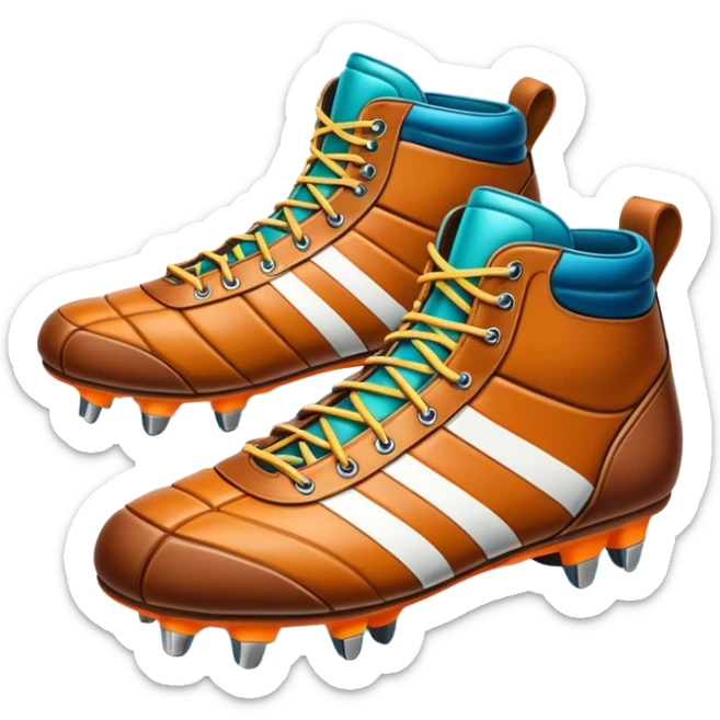 Cinematic Realistic image of a pair of rugby boots, showcasing sturdy leather construction, detailed cleat patterns and textured surfaces, illuminated by vibrant outdoor lighting that captures their athletic purpose sticker