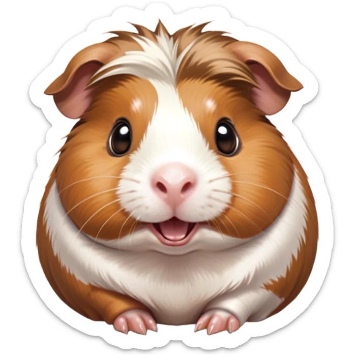 Cinematic Comical Brown and White Banded Guinea Pig Portrait Emoji, Head tilted dramatically with an exaggeratedly amused expression, featuring a striking fur with bold brown and white banding, wide, expressive dark eyes filled with playful disbelief, Simplified yet hilariously expressive features, highly detailed, glowing with a slightly sassy glow, high shine, dramatic yet playful, stylized with an air of cheeky mischief, bright and endearing, soft glowing outline, capturing the essence of a spirited and over-the-top guinea pig, so meme-worthy it feels like it could side-eye its way into internet fame instantly! sticker