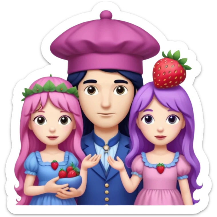 pale blueberry prince man Handsome with long black hair blueberry hat and clothes. He is standing  next to pale strawberry princess woman with strawberry hat eyelashes long pink hair and Pink strawberry dress with purple grape baby sticker