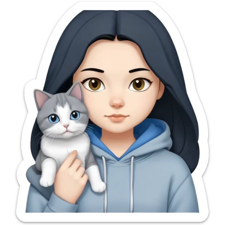 Girl with black hair in gray hoodie with a British shorthair blue and white cat and a long-haired blue and white cat sticker