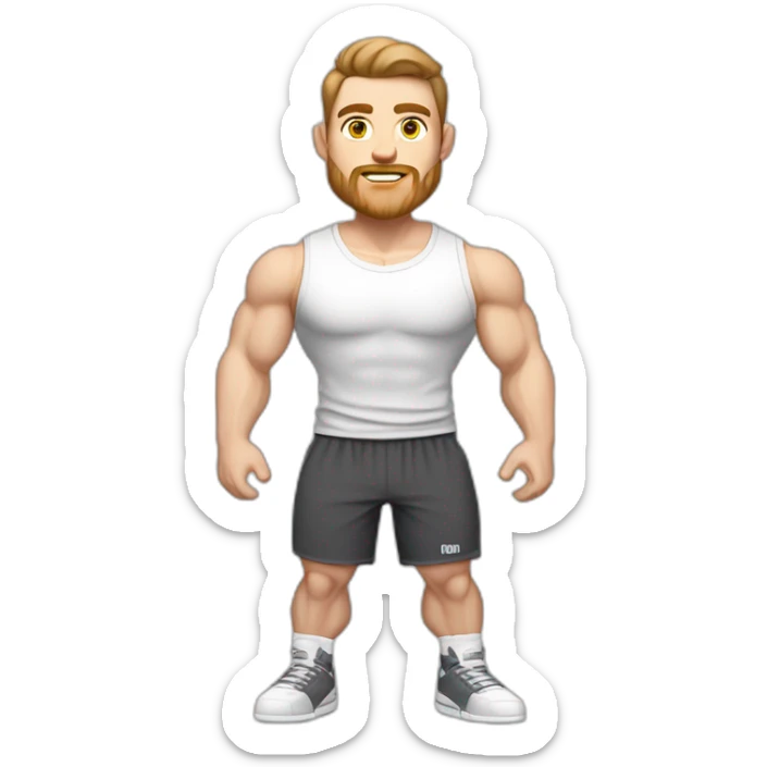Full height Pale skinned muscular man With Realistic eyes and mouth, light brown hair and stubble In dark gray sleeveless mike, black oversize sports shorts, watch and white sneakers. sticker