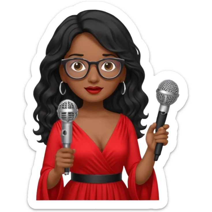 singer, Middle age, long wavy black hair, brown skin, wearing dress, holding mic, glasses sticker