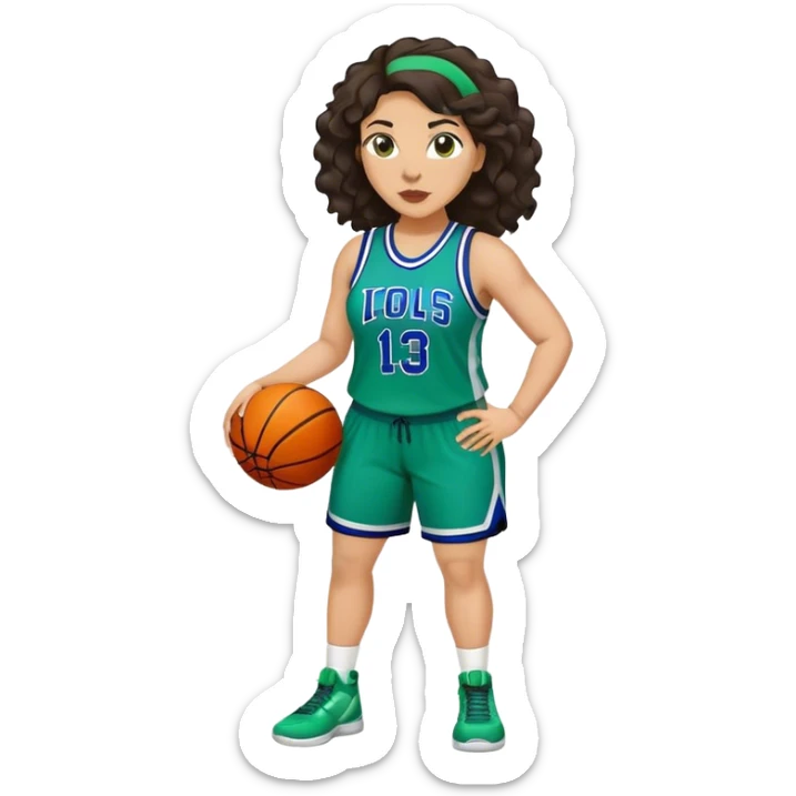full body plus size light skin latino women basketball player with wavy dark hair large widenose wearing blue and green uniform sticker