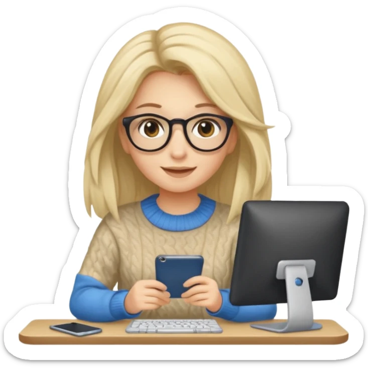 ragazza bionda sorridente con capelli molto lunghi, con occhiali tartarugati, occhi azzurri, con maglione beige, seduti alla scrivania che lavora al pc sticker