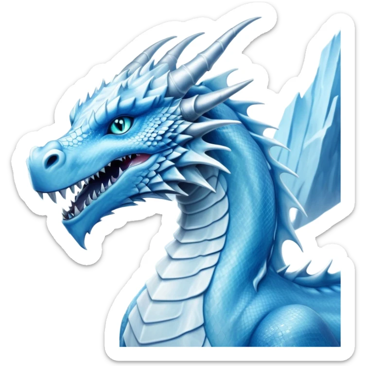 Cinematic Noble elegant Ice Dragon Portrait Emoji, Poised and imposing, distinct long elegant snout, with a slender, scaled body shimmering in glacial hues of icy blue, frostbitten silver, and crystalline white, breathing out frost, with piercing, glowing ice blue white eyes that radiate the chilling depths of an arctic storm; rendered in detail. excuding wisdom sticker