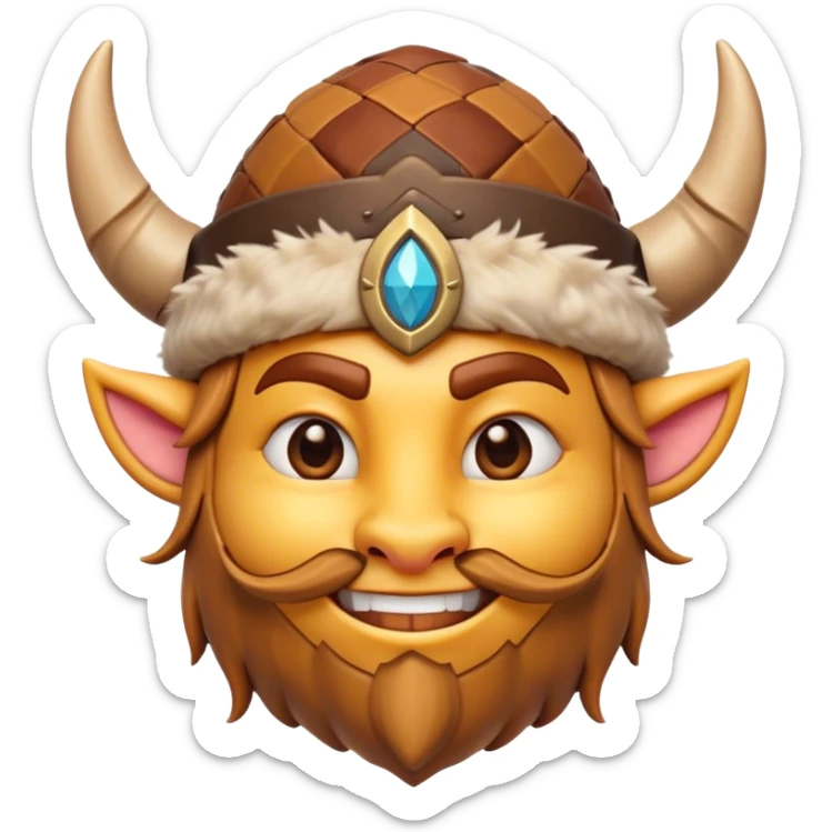 Cinematic Playful Barbarian Portrait Emoji, Head tilted with a cheeky grin and lively eyes, featuring a compact, stylized build in patchwork furs and a whimsical horned cap, Simplified yet irresistibly charming features, highly detailed, glowing with a warm, inviting glow, high shine, energetic and endearing, stylized with a touch of whimsical medieval mischief, soft glowing outline, capturing the essence of a playful barbarian that exudes friendly bravery! sticker