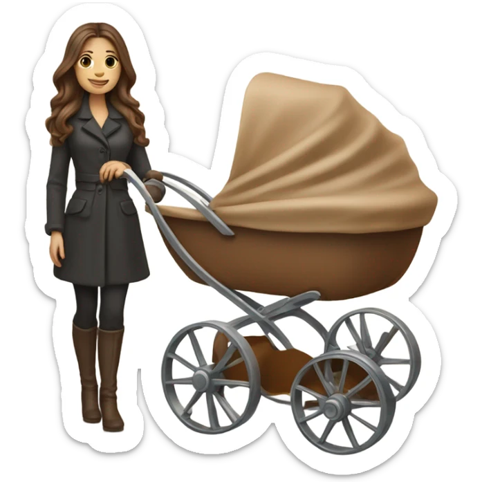 slavic beautiful mother with brown hair. next to caramel baby carriage sticker