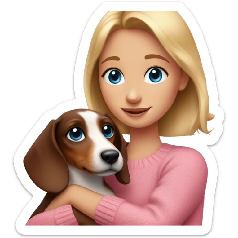 A girl with blue eyes in a pink sweater hugs a dachshund puppy sticker
