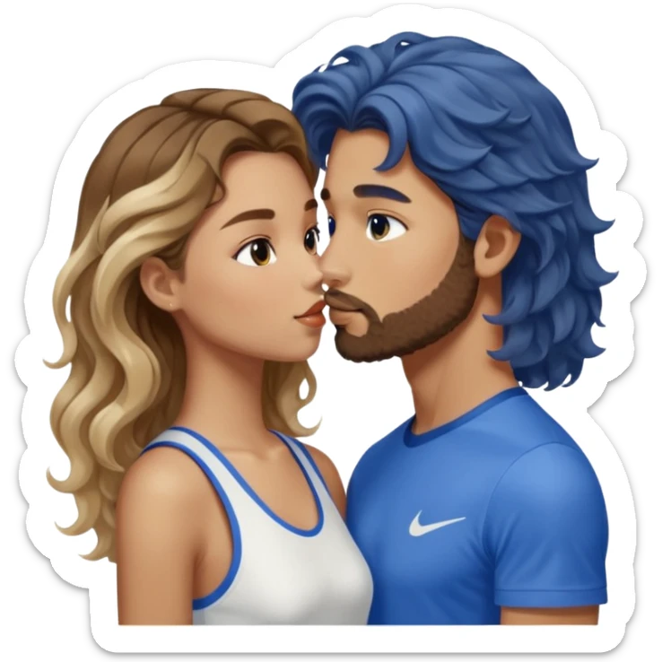 A girl with very long  balayage brown & blond curls kissing a boy with brown hair and a short beard. She wears a very elegant dress in white and he wears a blue sports shirt from nike sticker
