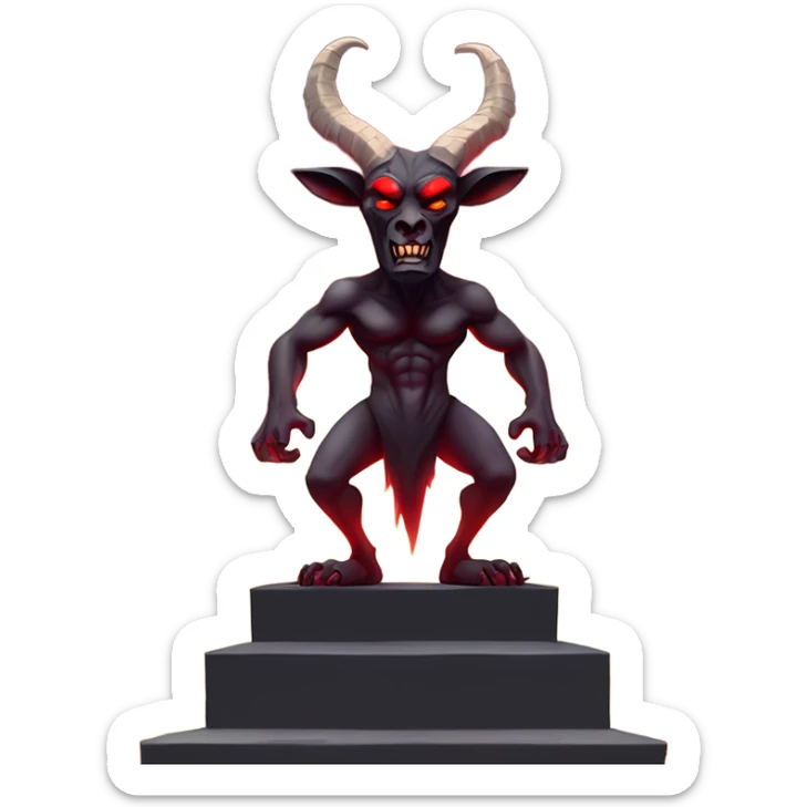 Evil Goatman male Devil sinister with red tipped horns standing with goat hind legs on pyramidal pillar  aura of darkness he is commanding sinister evil power sticker