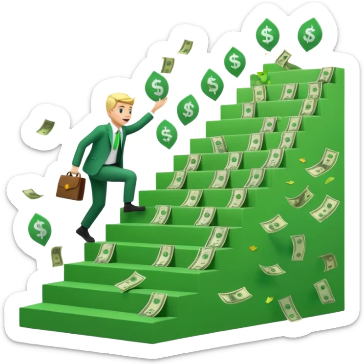 Emoji-style 3D illustration of a person climbing stairs made of money labeled “$10K” and “$20K”, with confetti and upward green arrows, bright optimistic lighting sticker