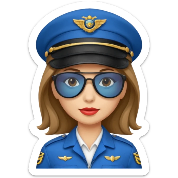 pilote d'avion femme cheveux brun clair avec sunglasses noires et chapeau de pilote et uniforme bleu sticker