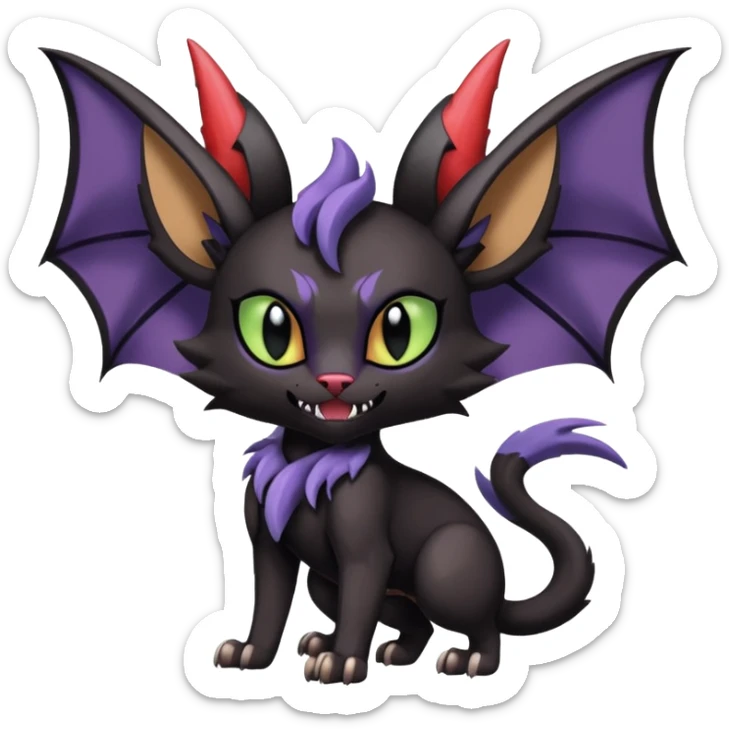 dark spooky badass cool shiny glossy smooth soft Black edgy Noivern-Noibat-Purloin-Torracat-Lykoi-Caracal-cat-Fakemon-fusion-hybrid-creature with bat wings on head as ears, big fangs, gothic markings sticker