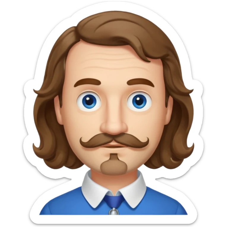 French writer Corneille, brown mi-long wavy hair, baldness on the forehead, moustache, goatee, dressed with a collar,blue eyes, garde à vous  sticker