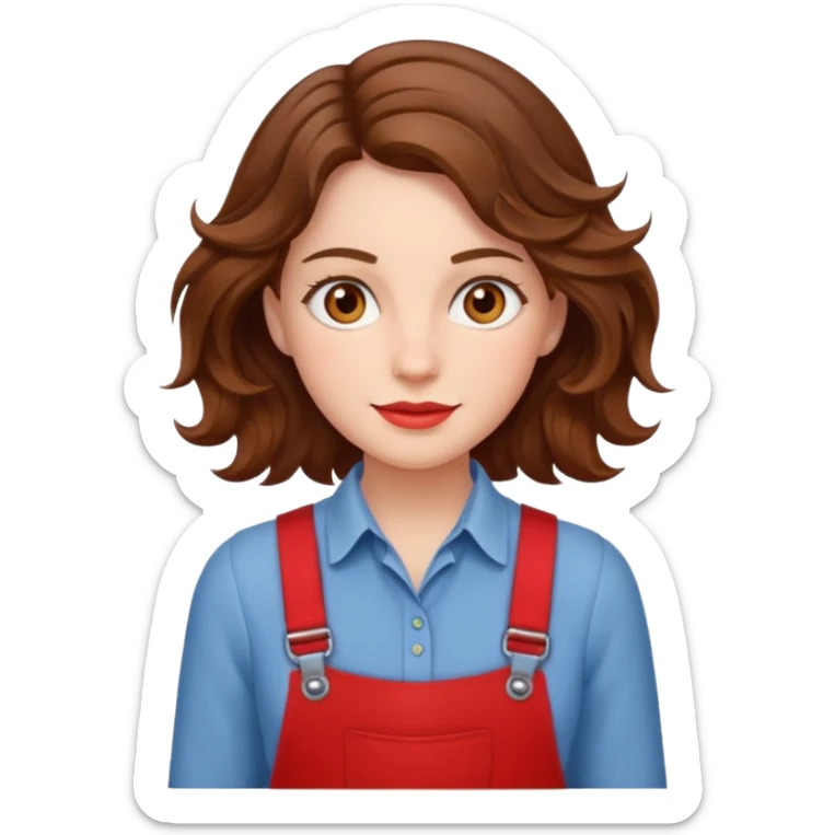 Woman with wavy brown hair and hazel eyes wearing red trouser braces. sticker