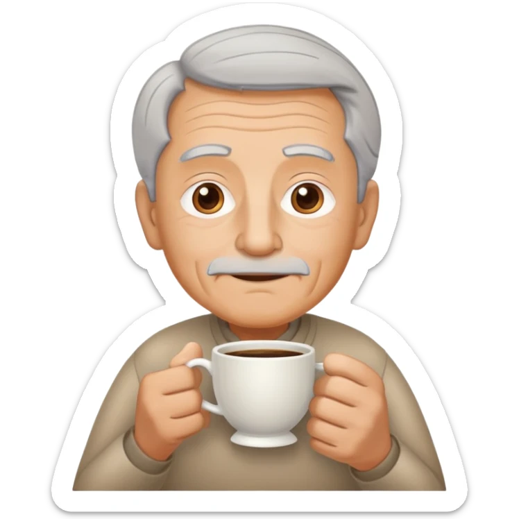 My grandfather who is darker but not black black. He is very tan. He has grey hair and and oval ish face. He is a grandpa so he has some minor wrinkles. Make him hold a Quee cup (small coffee cup ☕️) sticker