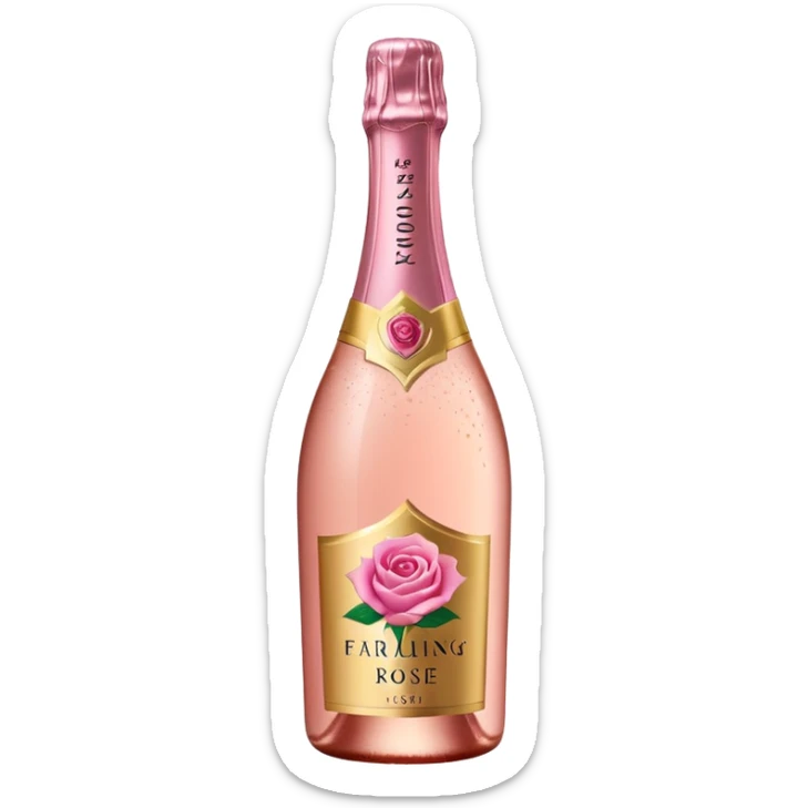 bottle of sparkling rosé with a rose logo on the label, tilted up and to the left, no glass sticker