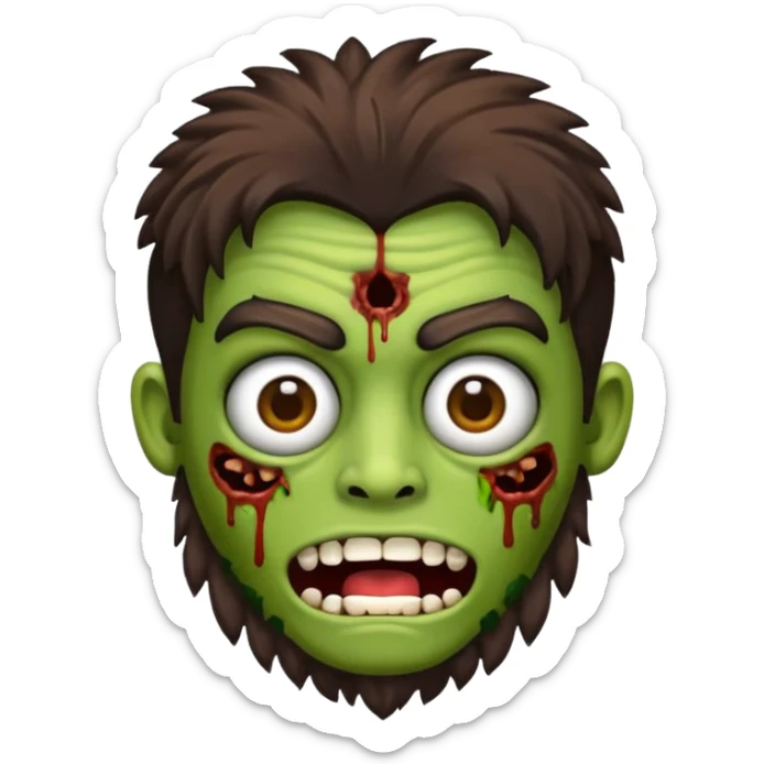 Crie um emoji de zumbi do iphone que tenha o cabelo castanho médio, de cumprimento no peito, que tenha uma franja no tamanho da sobrancelha, com os olhos escuros e que use uma regata preta sticker