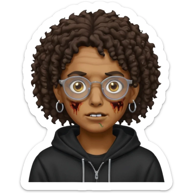 Chico moreno zombie, con gafas y sudadera negra, dos aretes en la oreja izquierda y dos en la derecha, ojeras en los ojos, pelo rizado sticker