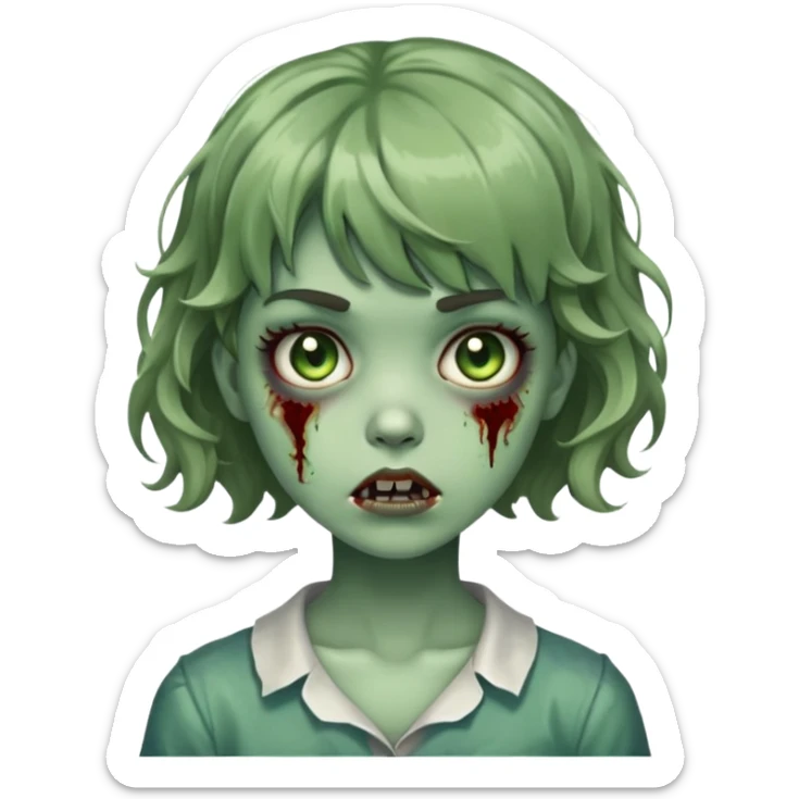 zombie girl with short wavy hair and bangs, greenish skin sticker