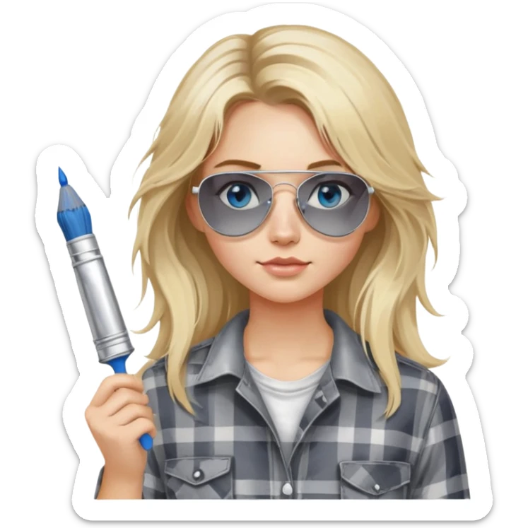 girl with long blond messy hair, wearing grey plaid shirt with blue eyes and aviator sunglasses wearing a ring on her silver necklace, holding a paint brush roller with a small bit of white paint on her face sticker
