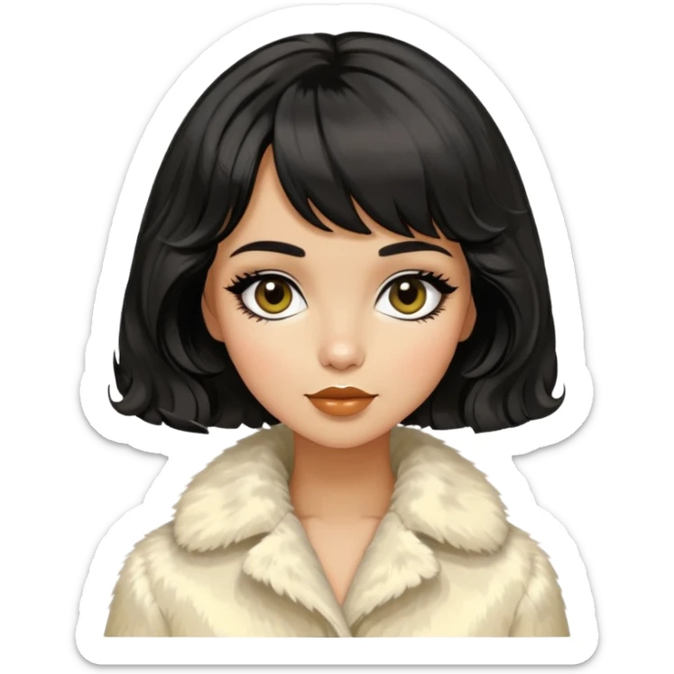Alluring 1960's mod greek olive skin girl french shiny black wavy textured bob haircut tousled hair wearing cream fur coat sticker