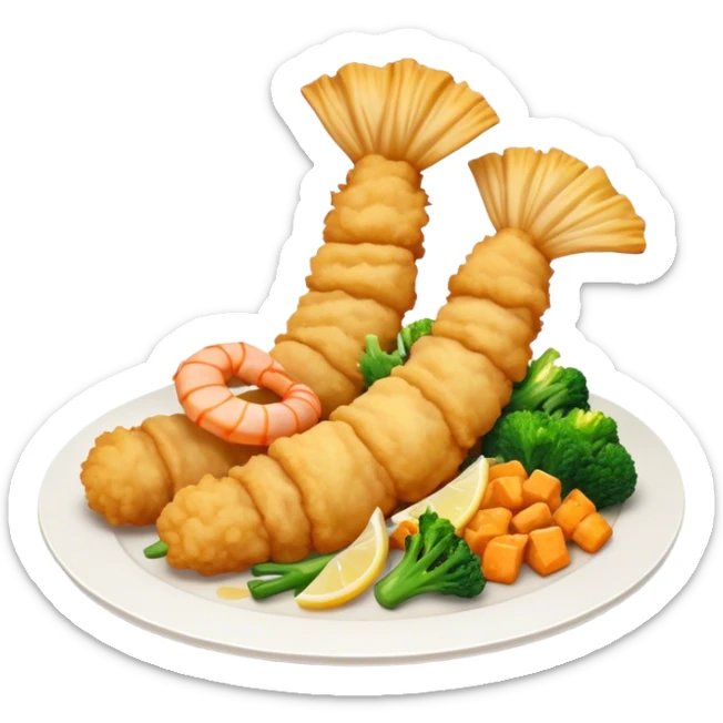 Cinematic Realistic Tempura Dish Emoji, depicted as lightly battered and fried seafood and vegetables rendered with delicate textures and crisp, inviting lighting. sticker