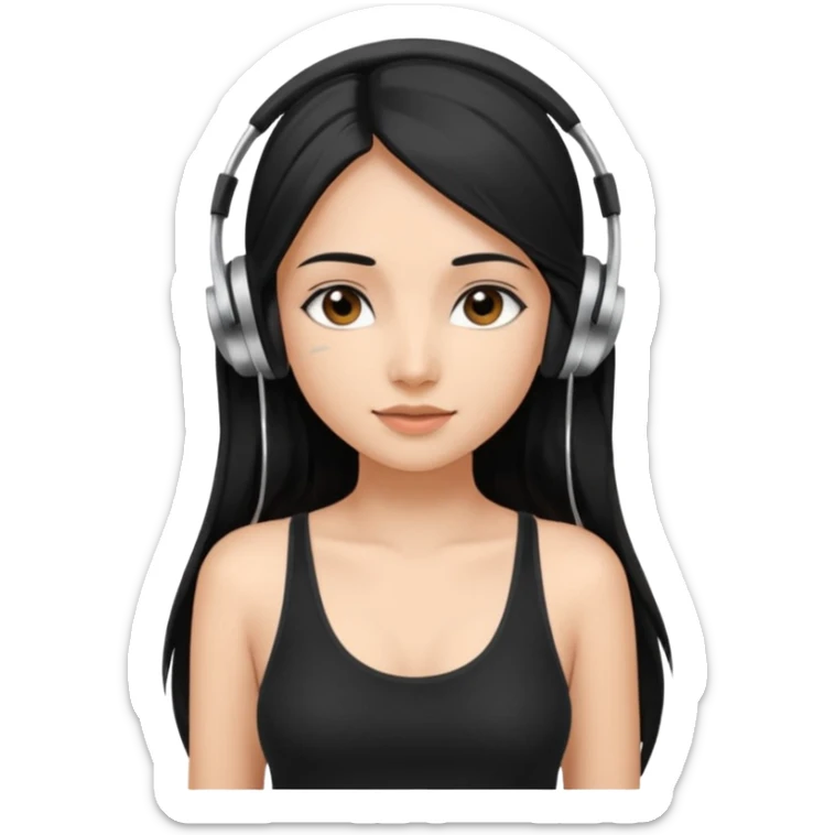 a fair INDIAN girl with straight black long hair, wearing a black cami top. and wearing silver  headphones on sticker
