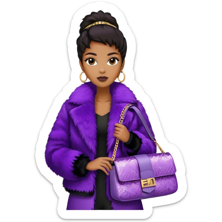 Beautiful black woman wearing a monogram Fendi jacket with a fur trim. She is carrying a purple sequined Fendi Baguette bag. I want the image close up. The jacket is not purple.  sticker