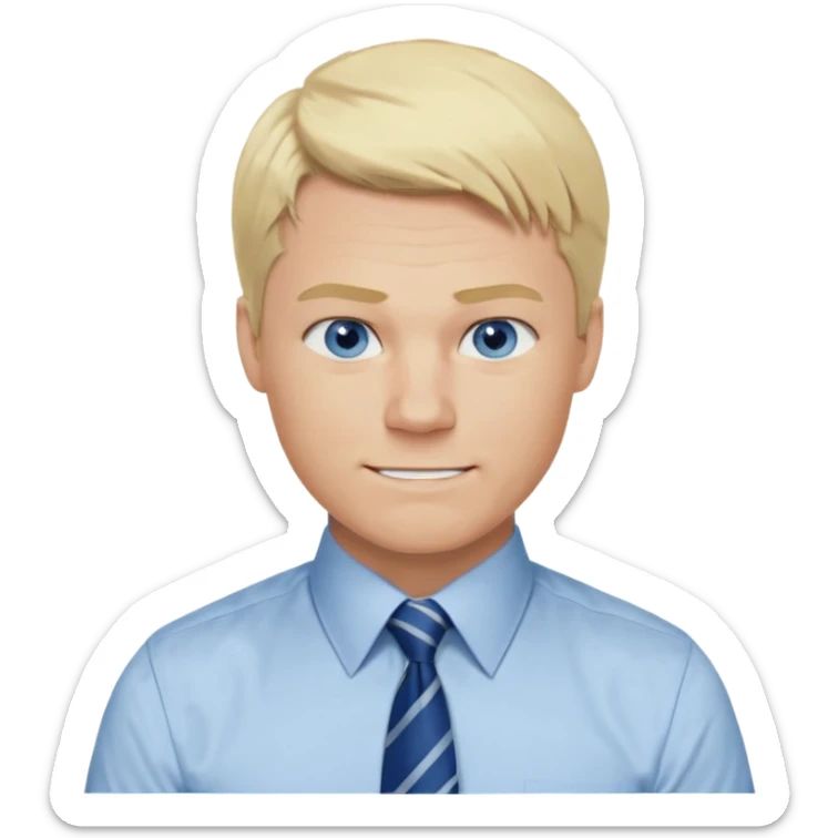 A guy with blonde hair and blue eyes that looks masculine. make him wear a shirt with a tie. he is danish. Make 4 diferent variations. in one he is smilin. in one he is angry sticker