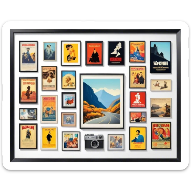 Icon for Photograph and Poster Collecting: a collection of photographs and movie posters, neatly displayed on a wall or in frames. The icon should evoke the nostalgia and artistic value of collecting rare images and posters. Transparent background. sticker