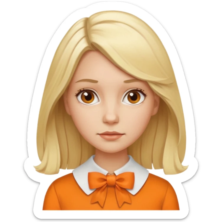 longer blond hair not smiling woman with orange blouse bow collar sticker