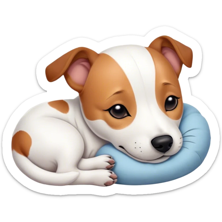 Meme-Worthy Cute Sleeping Jack Russell Terrier Portrait Emoji, Head and body resting peacefully with a contented smile, showcasing a compact, alert yet relaxed form with eyes gently closed in serene slumber, Simplified yet adorably endearing features, highly detailed, glowing with a soft, drowsy canine light, high shine, relaxed and utterly lovable, stylized with an air of playful laziness, soft glowing outline, capturing the essence of a sleeping Jack Russell Terrier that feels destined to become the next viral icon of adorable rest! sticker