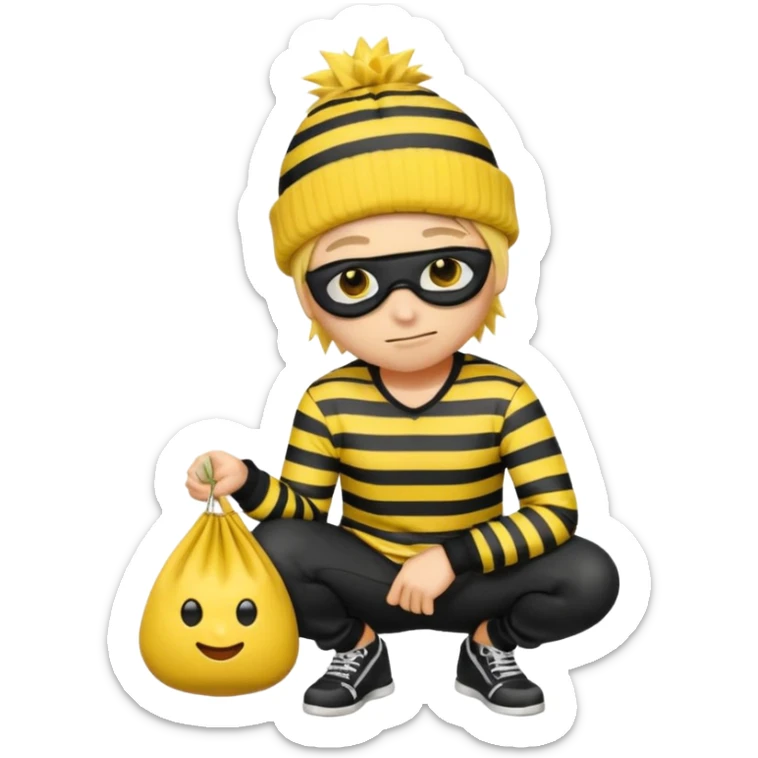 An Apple style rubber emoji is wearing a black beanie and has yellow hair that is spiky but flat hanging out from under it and the robber is wearing a striped shirt and has yellow skin and black eye mask. He also has the money back over his shoulder and is sort of crouching. sticker