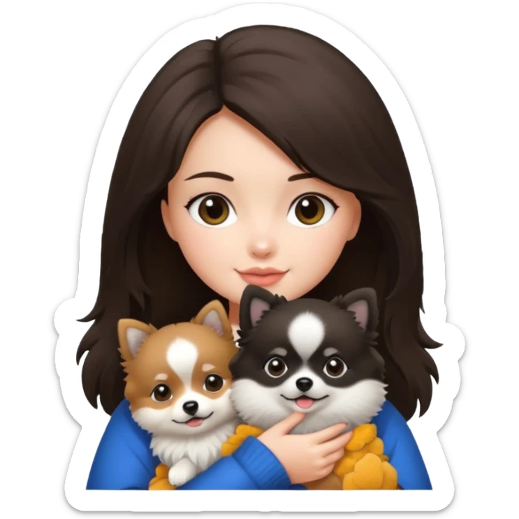 an brunette hair girl holding her pomeranian dog that looks like a panda sticker