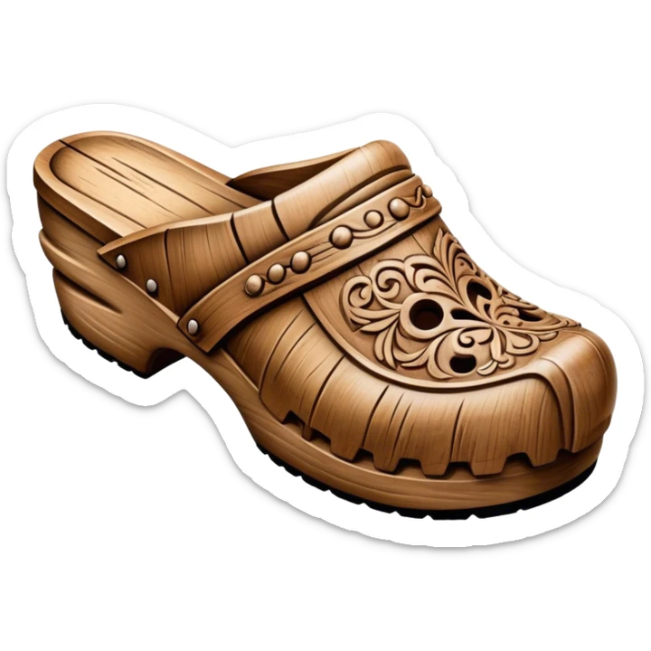 Cinematic Realistic Wooden Clogs Emoji, depicted as a pair of traditionally carved weathered wooden clogs with intricate details and rustic charm, rendered with rich textures and warm natural lighting that captures their cultural heritage. sticker