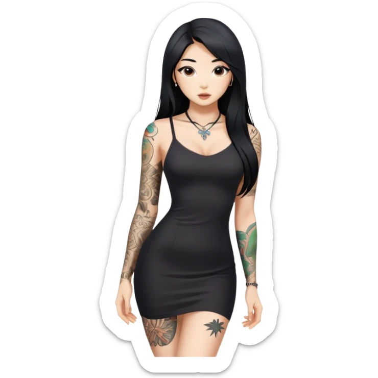 Beautiful and fit Asian girl with long black hair and body tattoos sexy pose in mini black dress sfw sticker