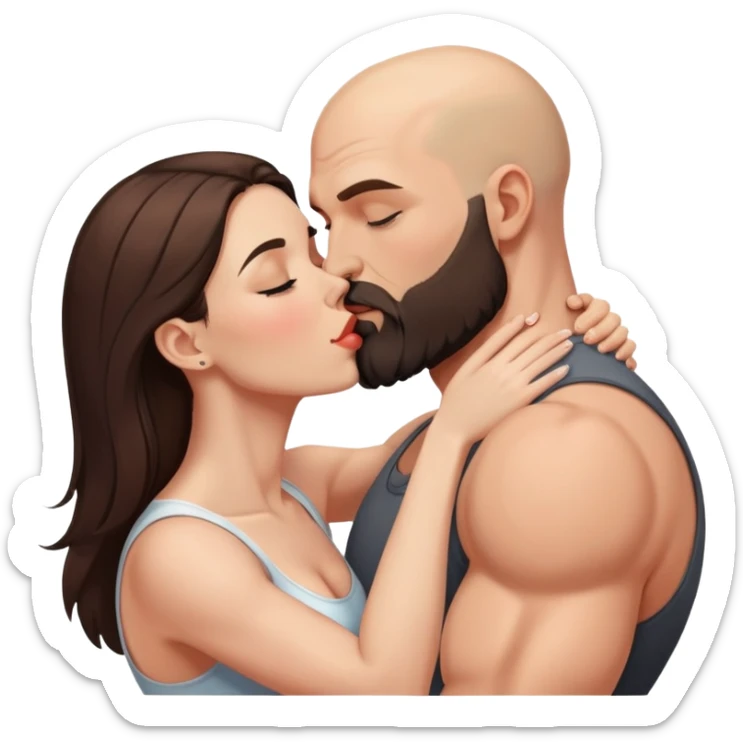 Muscular Bald man with a beard passionately kissing his young brunette wife  sticker
