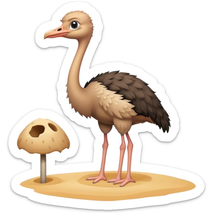 A cute cartoon male ostrich standing next to a hole in the sand. sticker