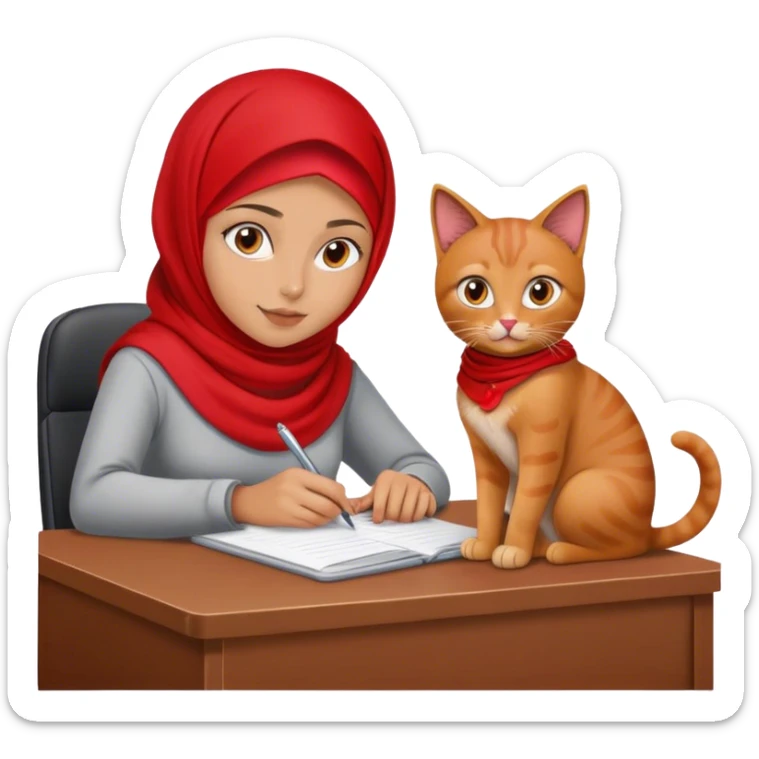 girl with red hijab and tanned skin. she's at a desk with a cat sitting on it sticker